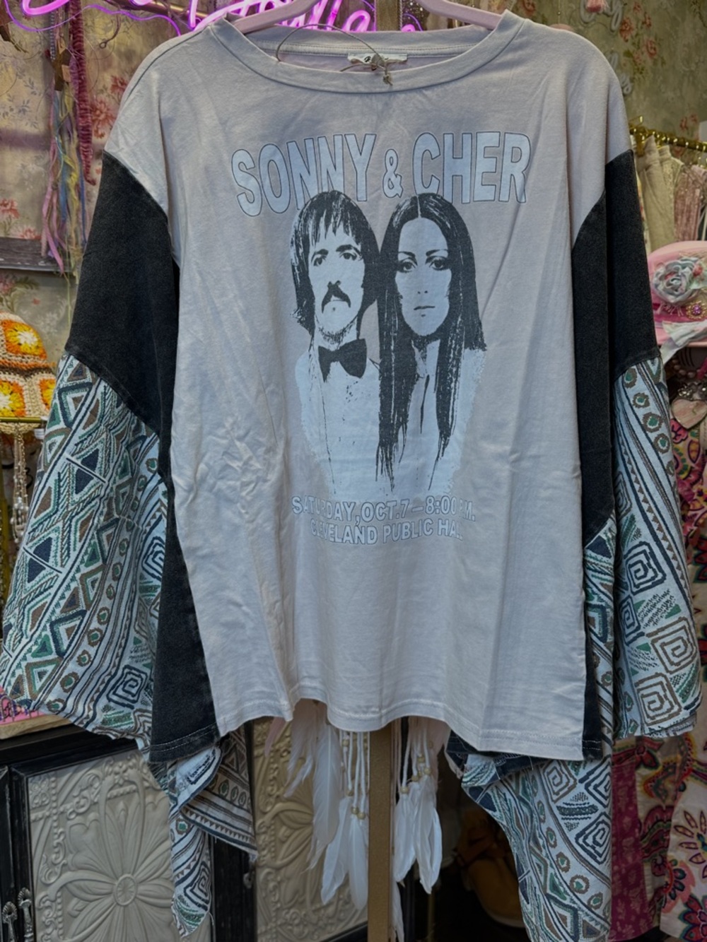 Sonny & Cher Graphic Boho tee w/KANTHA Kimono Sleeves- Blue Velvet - Picture 7 of 8